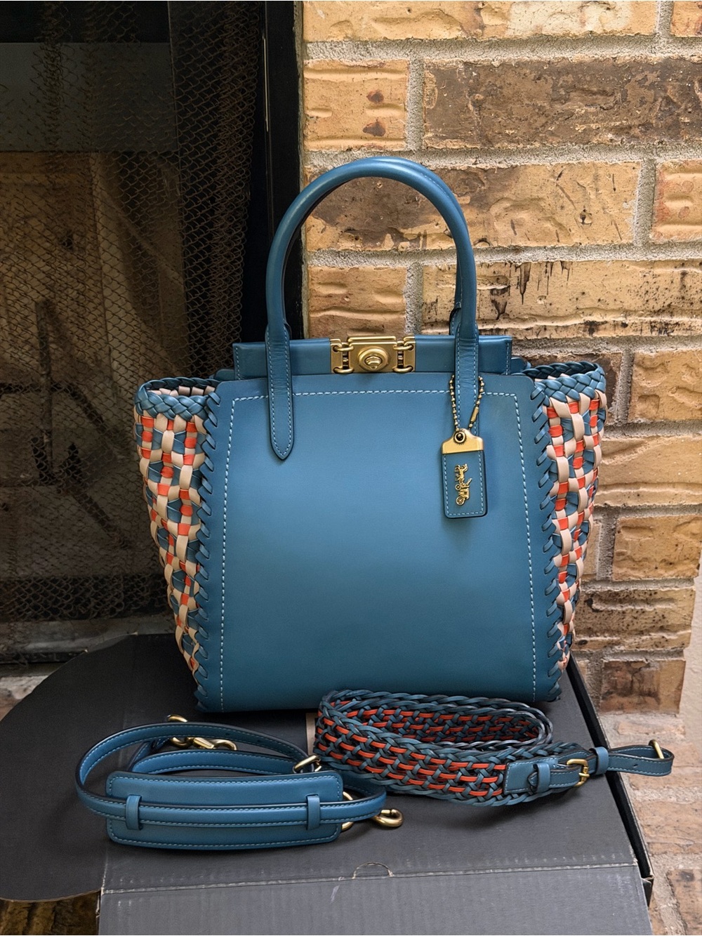 COACH 1941 Troupe Tote Weaved Leather Bag Blue Lake Multi like new